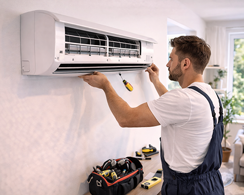 Technicien installant une climatisation murale